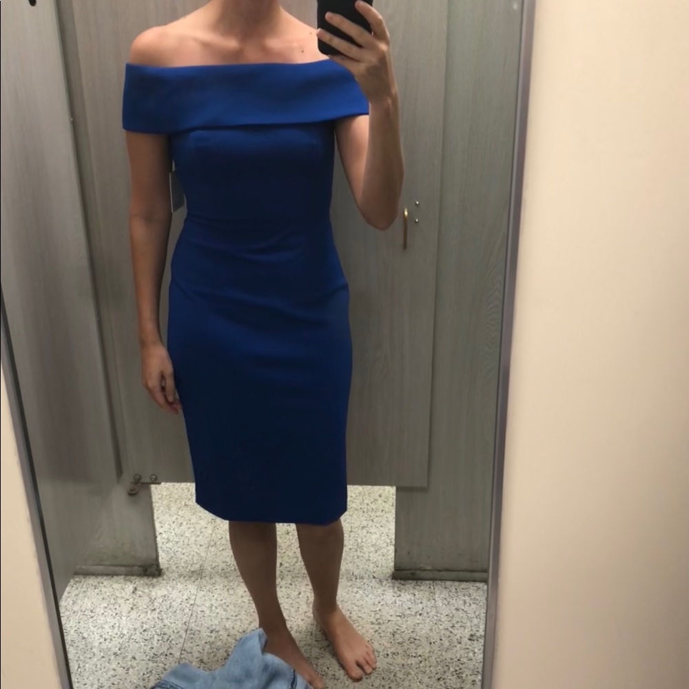 Blue Off the Shoulder Calvin Klein midi dress